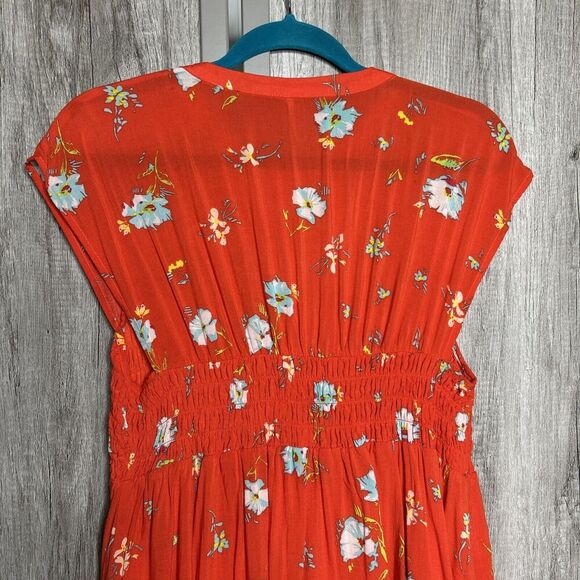 Free People Button Up Dress Red Color Floral Print Smocked Waist Sleeveless Sz L - Picture 9 of 11